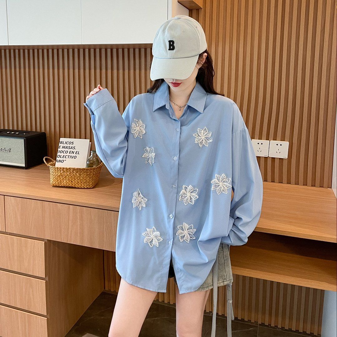 Sky Blue Floral Applique Shirt