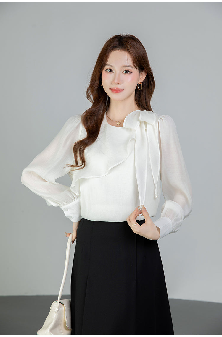 Graceful Asymmetrical Ruffle Cuff Blouse