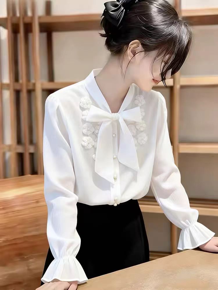 Ethereal White Ruffle-Cuff Blouse With Floral Embroidery