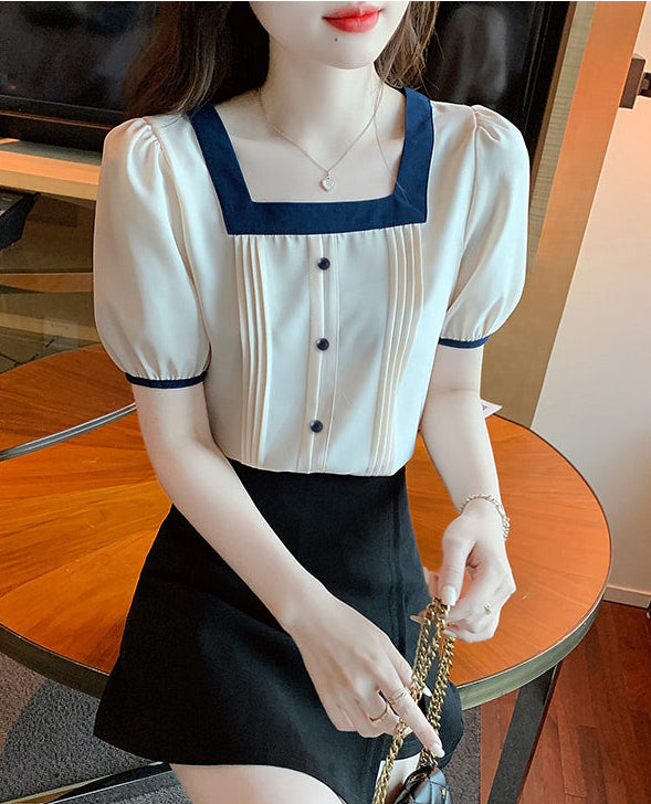 Vintage-Inspired Square Neck Button-Up Blouse With Pintuck Details
