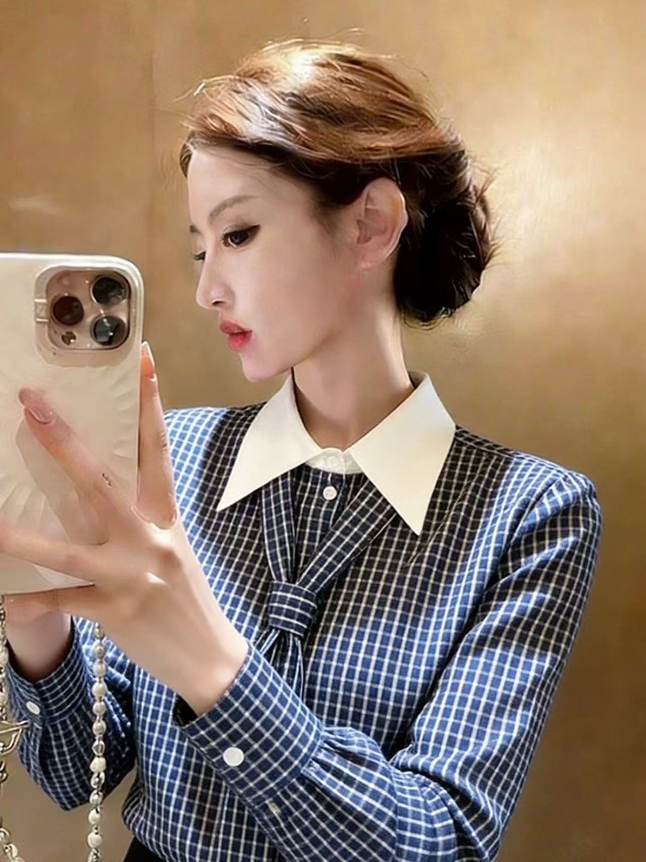 Blue Micro-Check Long Sleeve Blouse With Bold White Collar