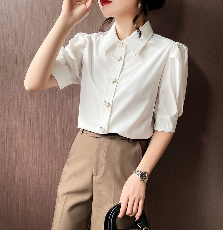 Chic Heart-Button Short Sleeve Blouse With Pleated Shoulders