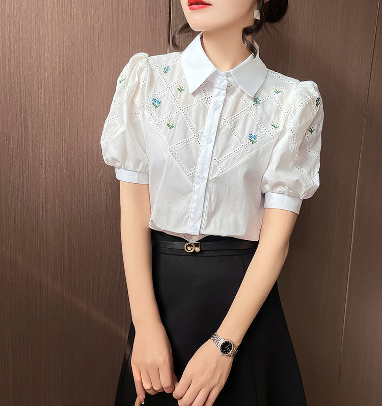 Floral Lattice Embroidered Button-Down With Puff Sleeves