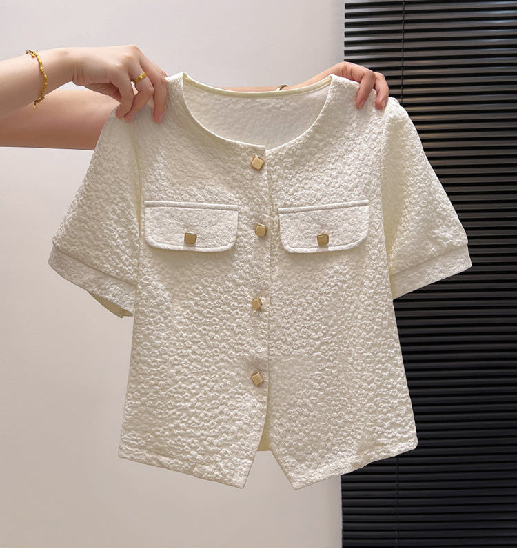 Petite Pearl-Cream Cradigan Blouse