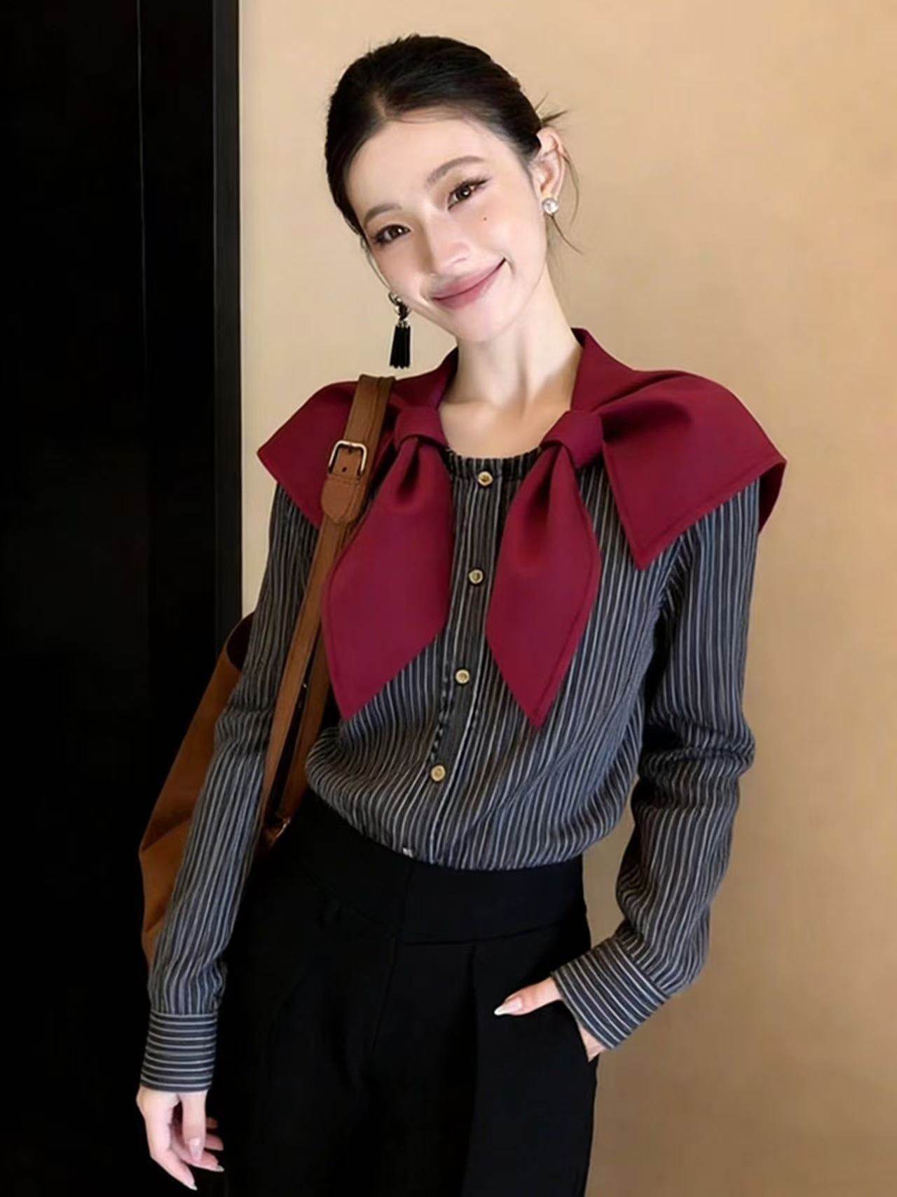 Vintage Burgundy Bow-Collar Striped Shirt