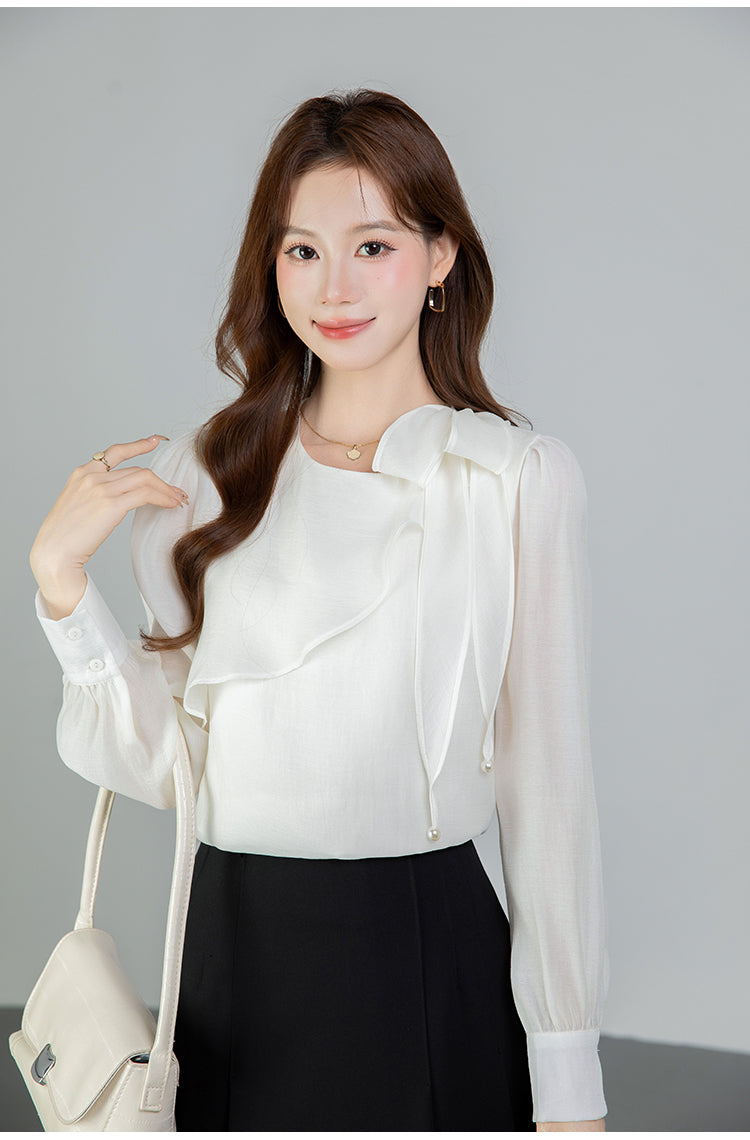 Graceful Asymmetrical Ruffle Cuff Blouse