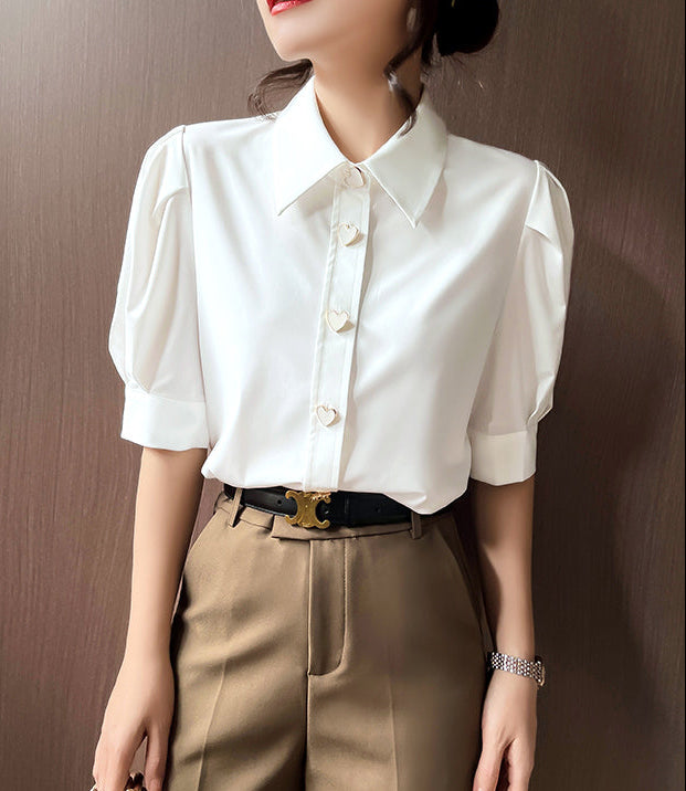 Chic Heart-Button Short Sleeve Blouse With Pleated Shoulders