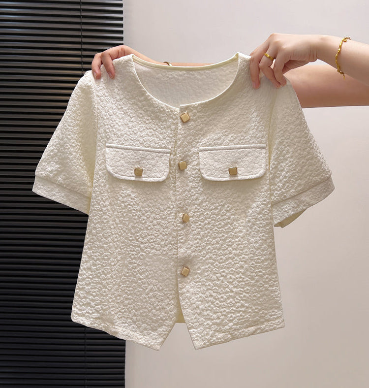 Petite Pearl-Cream Cradigan Blouse