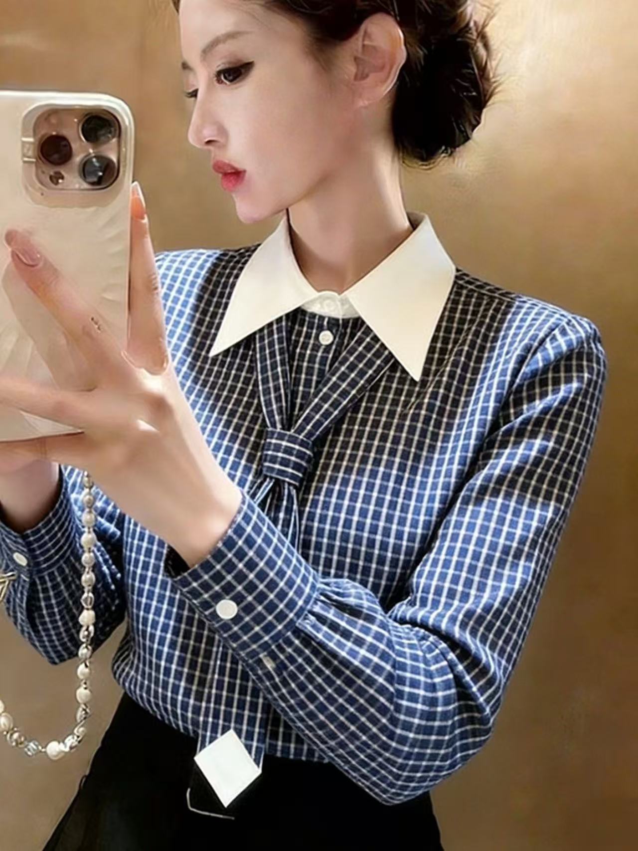 Blue Micro-Check Long Sleeve Blouse With Bold White Collar