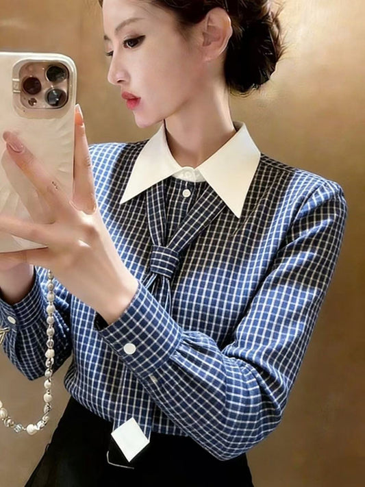 Blue Micro-Check Long Sleeve Blouse With Bold White Collar