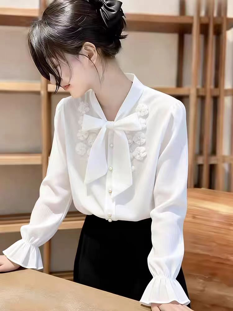 Ethereal White Ruffle-Cuff Blouse With Floral Embroidery