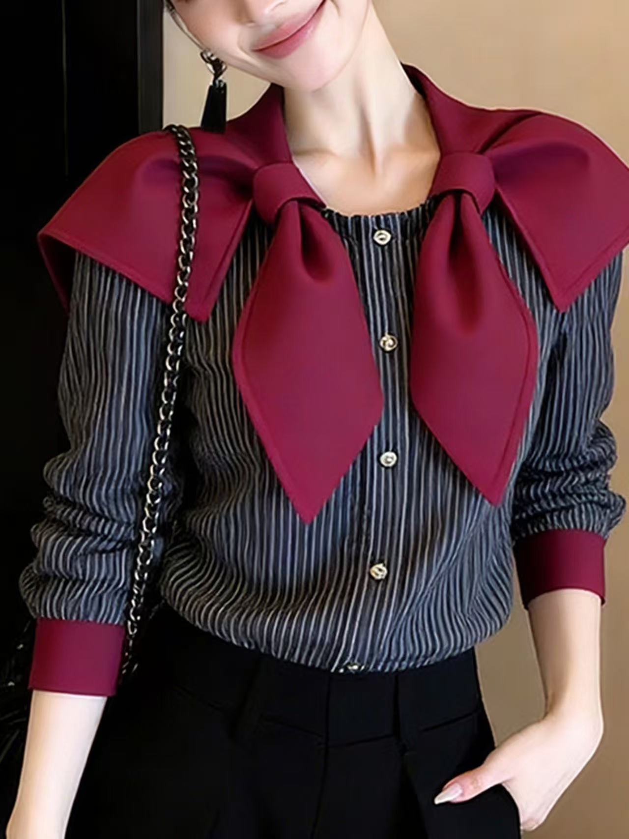 Vintage Burgundy Bow-Collar Striped Shirt