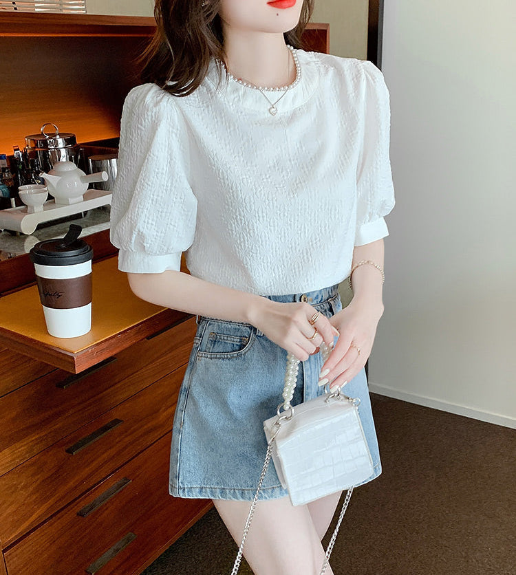 Aurelia Pearl-Trimmed Jacquard Puff Sleeve Blouse