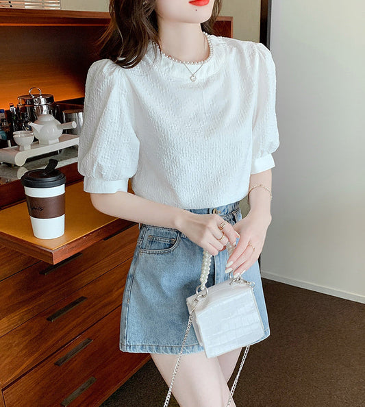 Aurelia Pearl-Trimmed Jacquard Puff Sleeve Blouse