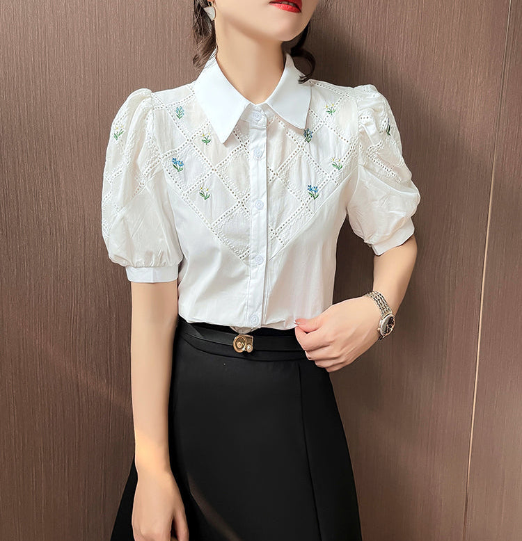 Floral Lattice Embroidered Button-Down With Puff Sleeves