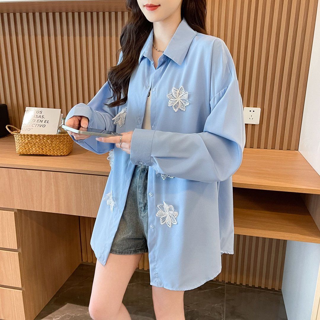 Sky Blue Floral Applique Shirt