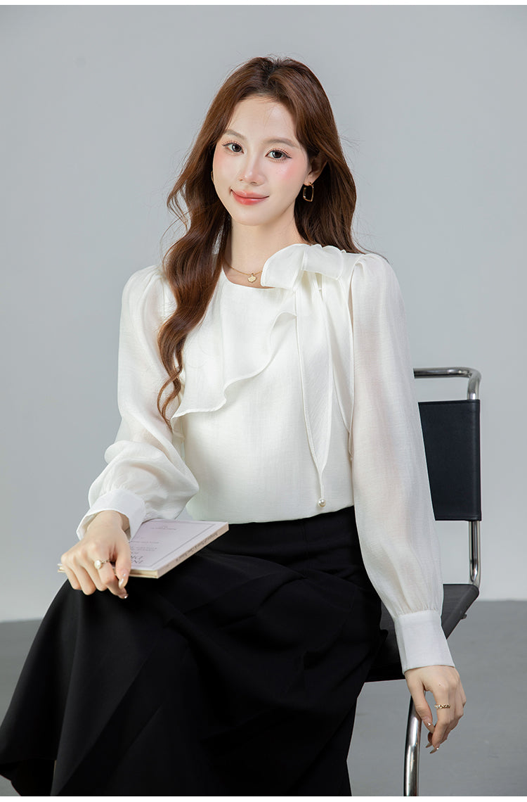 Graceful Asymmetrical Ruffle Cuff Blouse