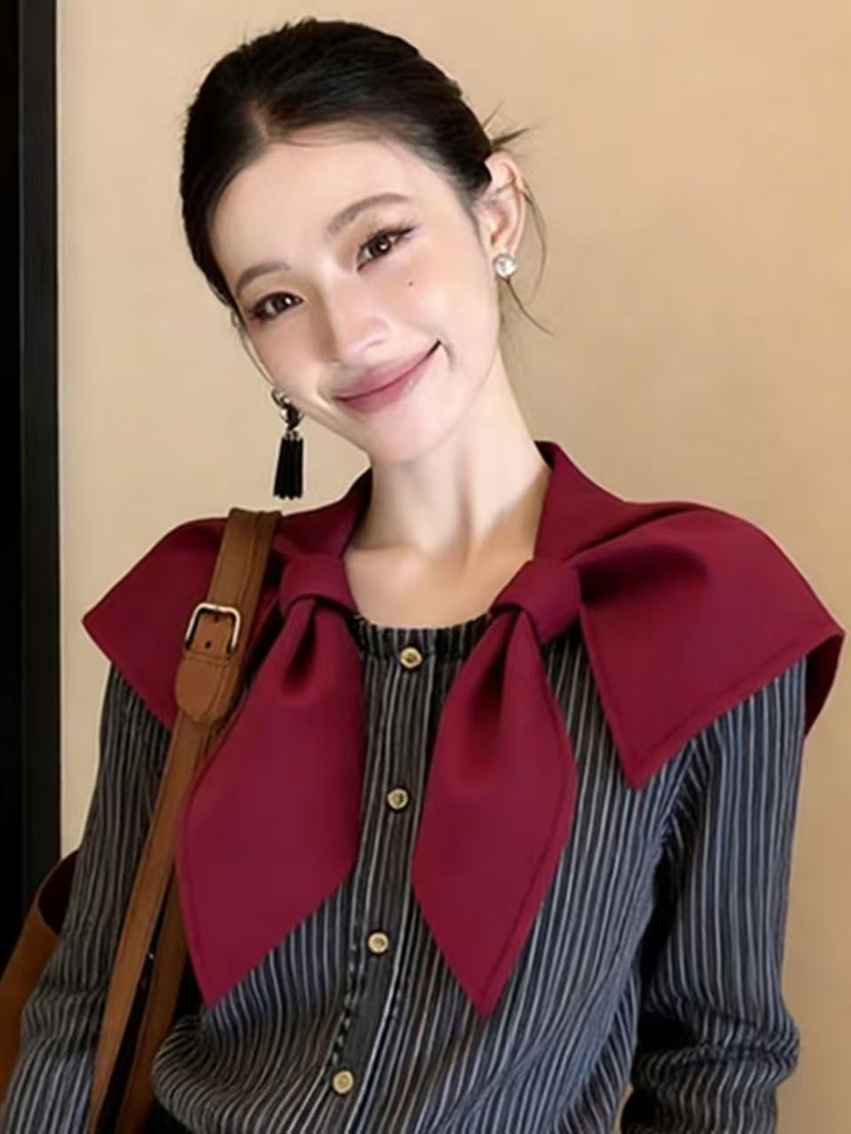 Vintage Burgundy Bow-Collar Striped Shirt