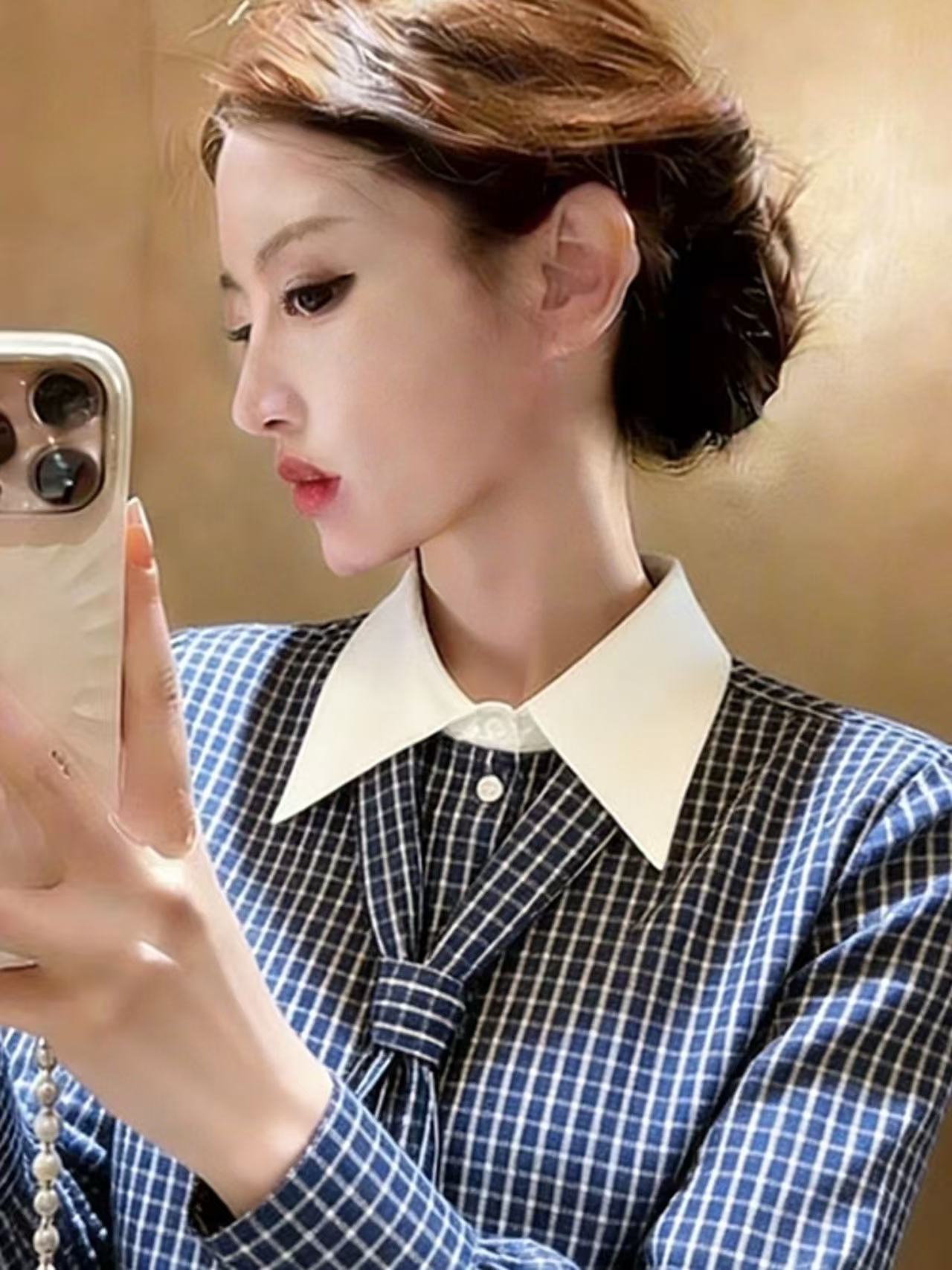 Blue Micro-Check Long Sleeve Blouse With Bold White Collar