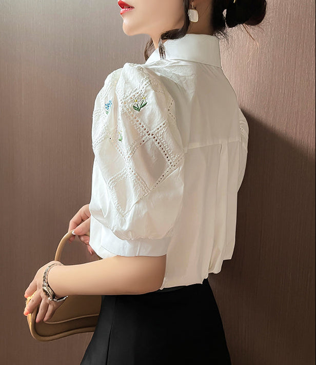 Floral Lattice Embroidered Button-Down With Puff Sleeves