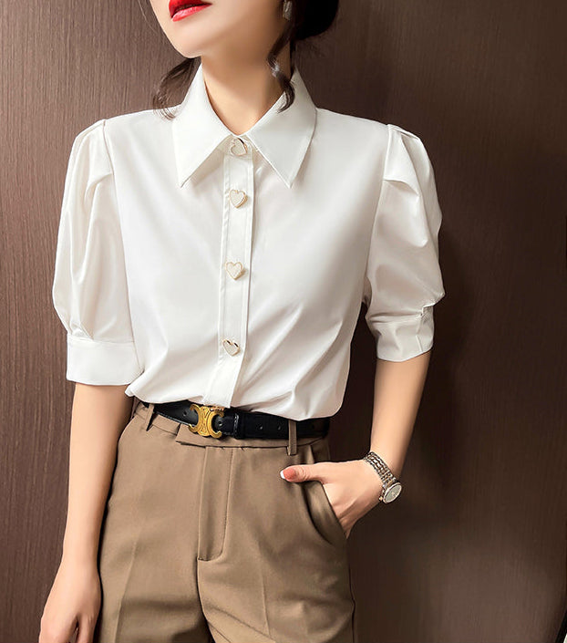 Chic Heart-Button Short Sleeve Blouse With Pleated Shoulders