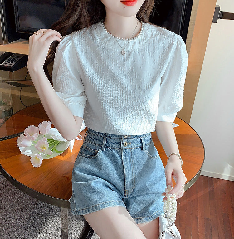 Aurelia Pearl-Trimmed Jacquard Puff Sleeve Blouse
