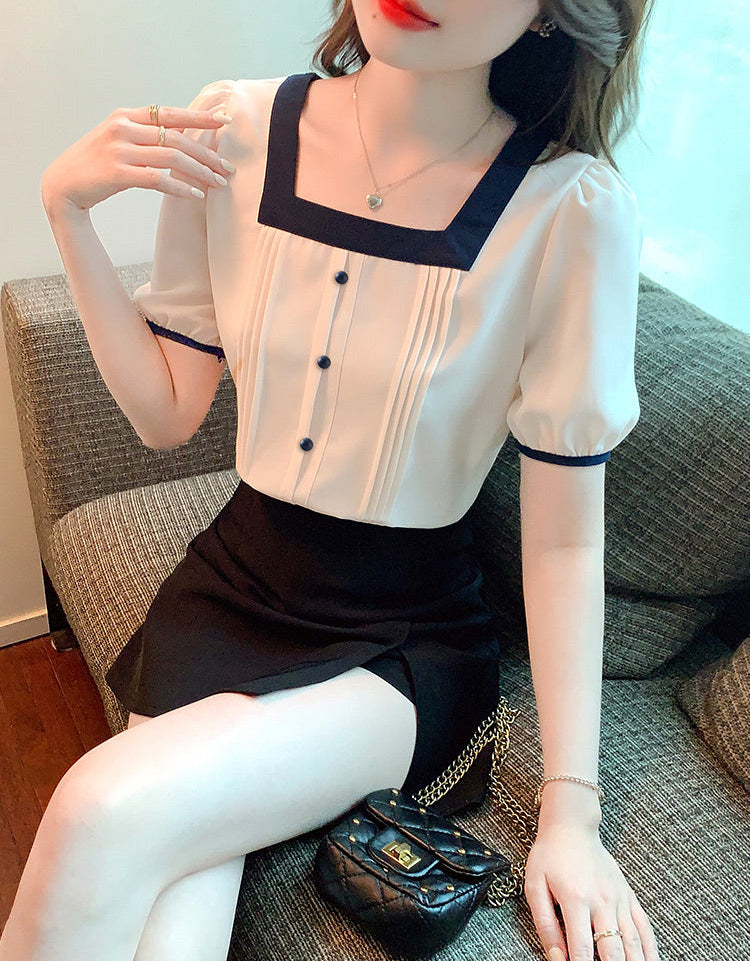 Vintage-Inspired Square Neck Button-Up Blouse With Pintuck Details