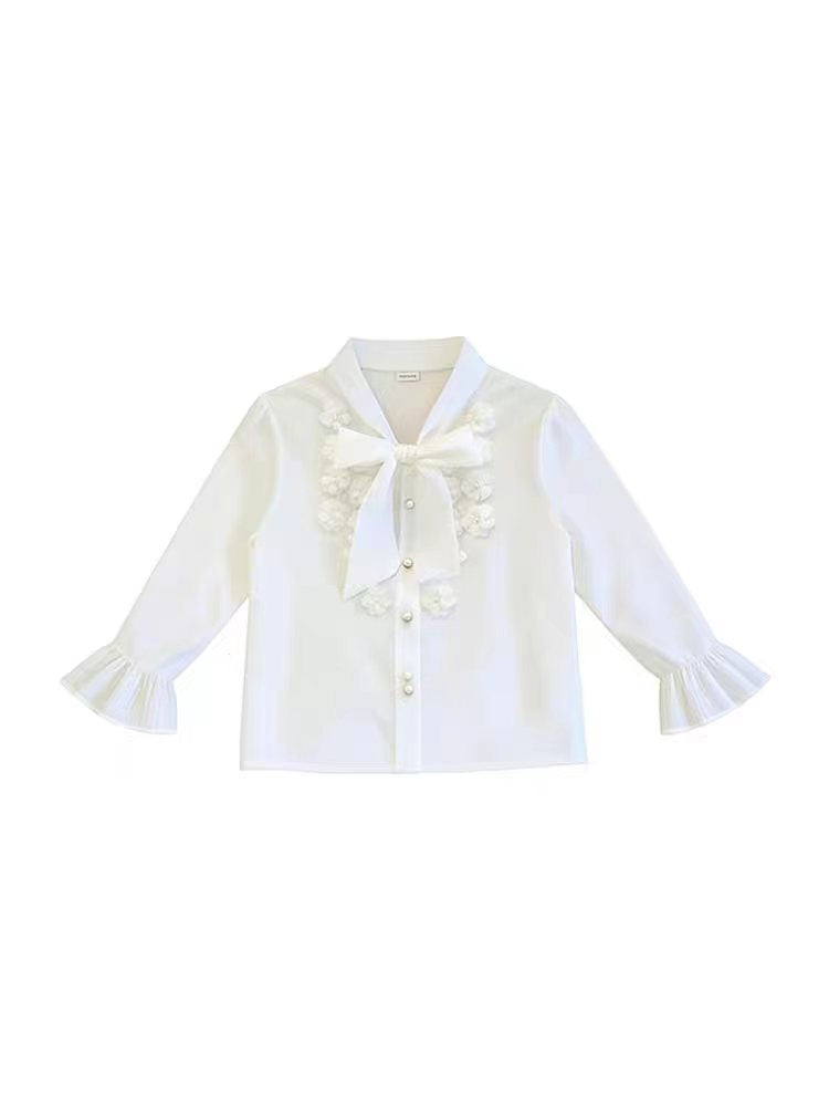Ethereal White Ruffle-Cuff Blouse With Floral Embroidery