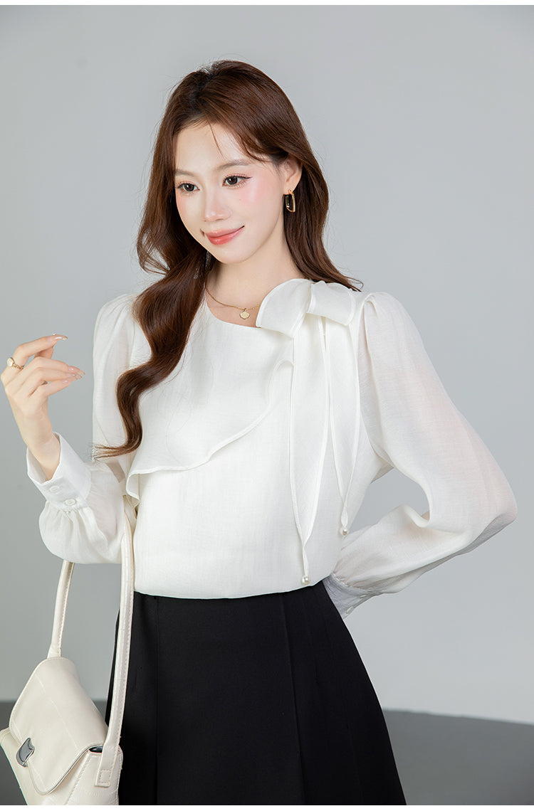 Graceful Asymmetrical Ruffle Cuff Blouse