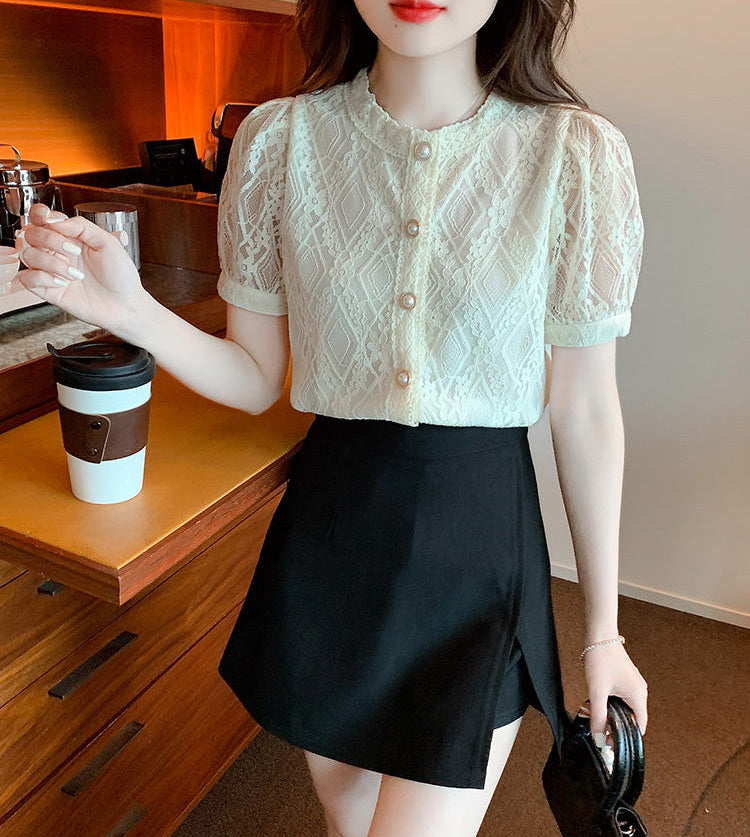 French Retro Lace Button-Up