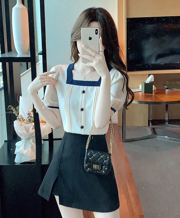 Vintage-Inspired Square Neck Button-Up Blouse With Pintuck Details