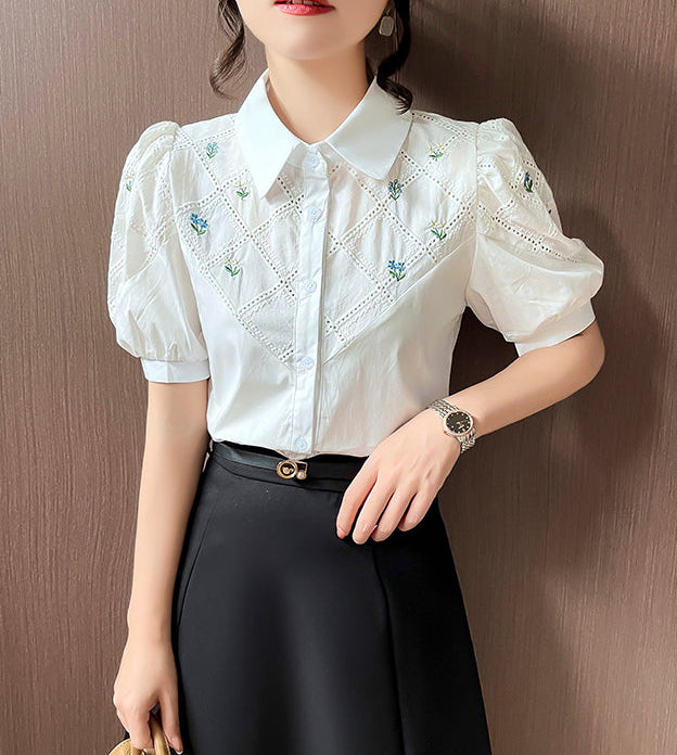 Floral Lattice Embroidered Button-Down With Puff Sleeves