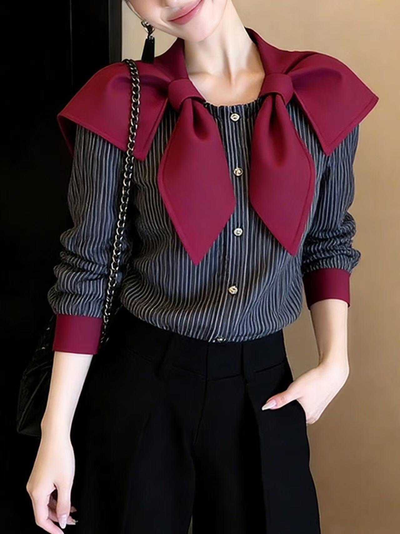 Vintage Burgundy Bow-Collar Striped Shirt