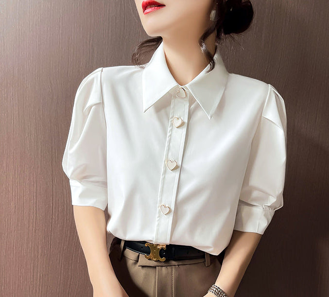 Chic Heart-Button Short Sleeve Blouse With Pleated Shoulders