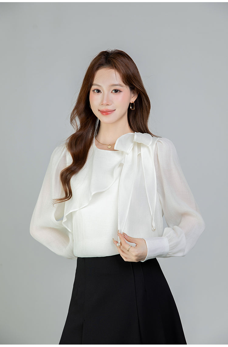 Graceful Asymmetrical Ruffle Cuff Blouse