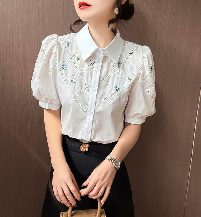 Floral Lattice Embroidered Button-Down With Puff Sleeves