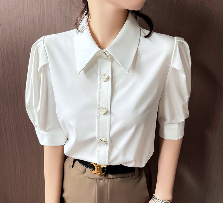 Chic Heart-Button Short Sleeve Blouse With Pleated Shoulders