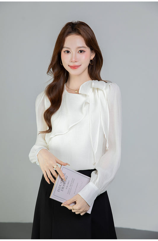 Graceful Asymmetrical Ruffle Cuff Blouse