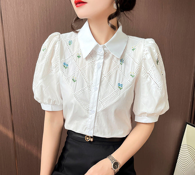 Floral Lattice Embroidered Button-Down With Puff Sleeves