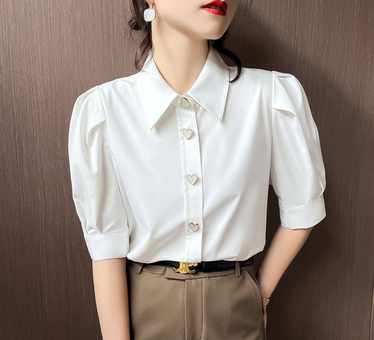 Chic Heart-Button Short Sleeve Blouse With Pleated Shoulders