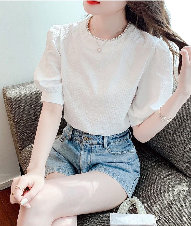 Aurelia Pearl-Trimmed Jacquard Puff Sleeve Blouse