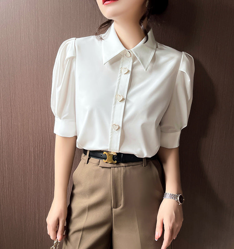 Chic Heart-Button Short Sleeve Blouse With Pleated Shoulders