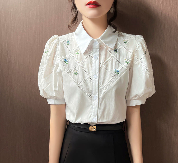 Floral Lattice Embroidered Button-Down With Puff Sleeves
