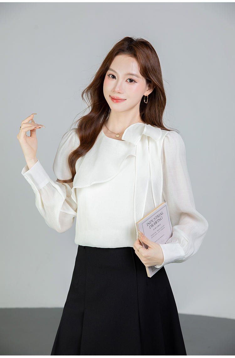 Graceful Asymmetrical Ruffle Cuff Blouse