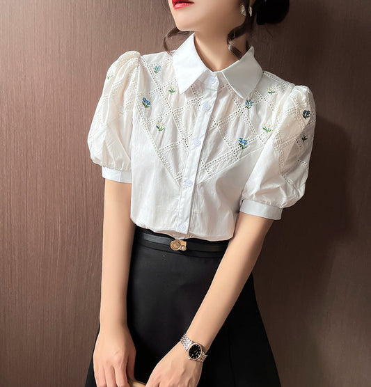 Floral Lattice Embroidered Button-Down With Puff Sleeves