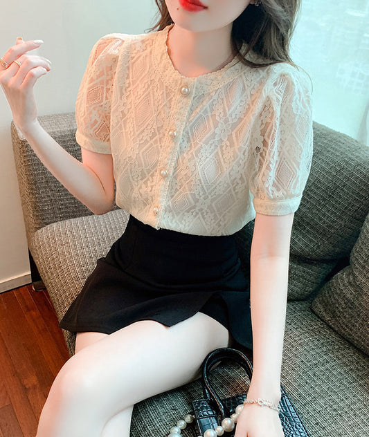 French Retro Lace Button-Up