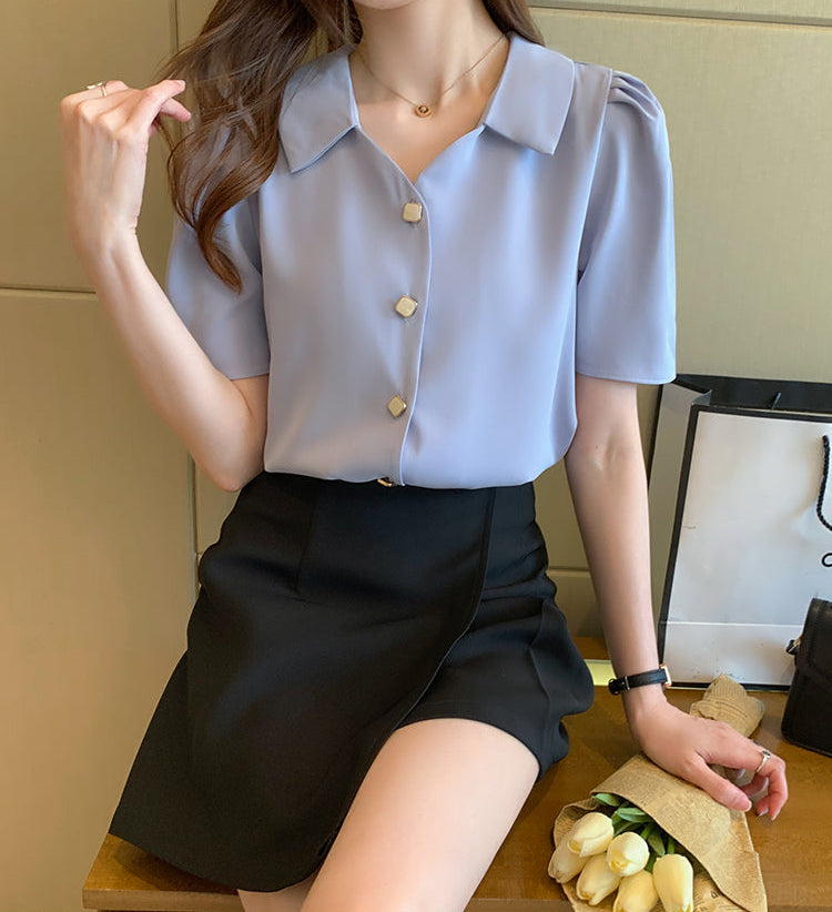 Square Button Notched Collar Blouse With Puff Sleeves