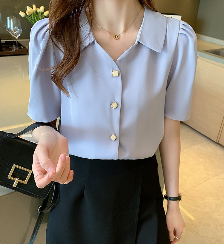 Square Button Notched Collar Blouse With Puff Sleeves