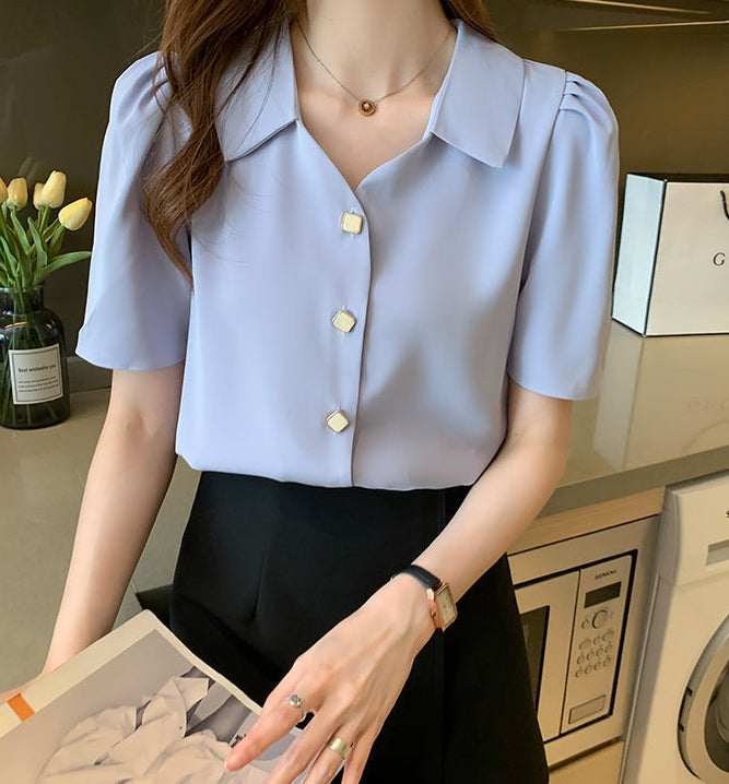 Square Button Notched Collar Blouse With Puff Sleeves