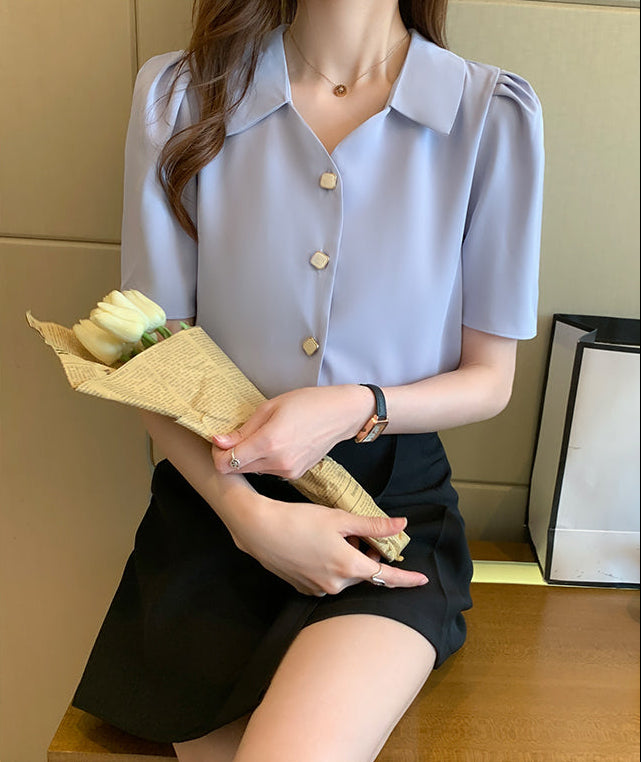 Square Button Notched Collar Blouse With Puff Sleeves